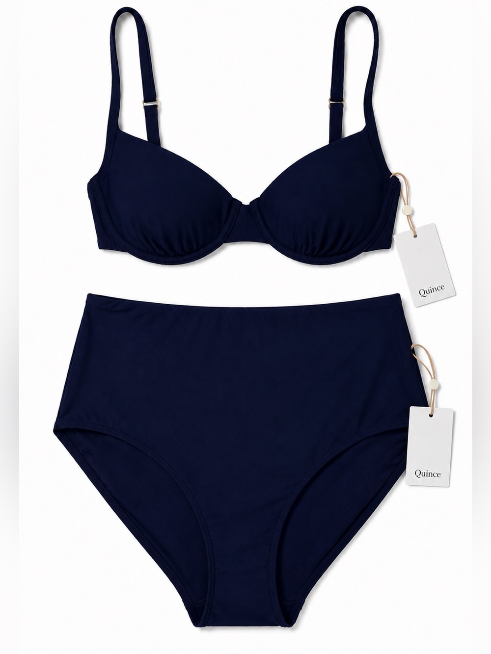 Quince NWT Bikini Set Italian Demi Bikini Top High Rise Bikini Bottom Navy Blue